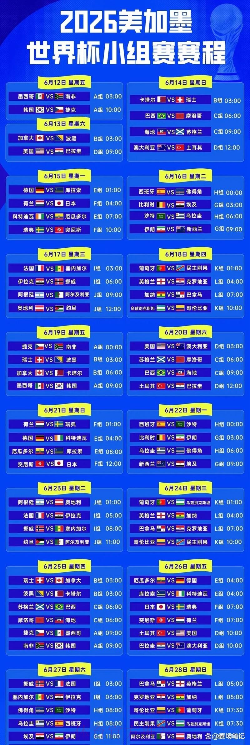 2026世界杯直播时间安排
